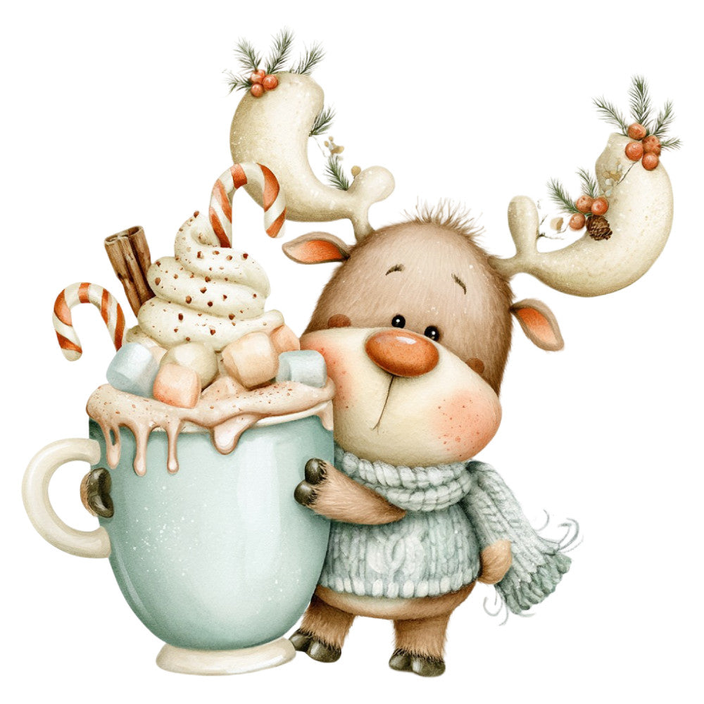 reindeer, christmas, holiday, winter, festive, whimsical, cute animals, hot chocolate, cocoa mug, candy canes, peppermint, cream, sage green, mint green, tan, brown, rust orange, cozy, warm, seasonal, children's, baby, sweet treats, dessert, snowy, magical, playful, nostalgic, vintage style