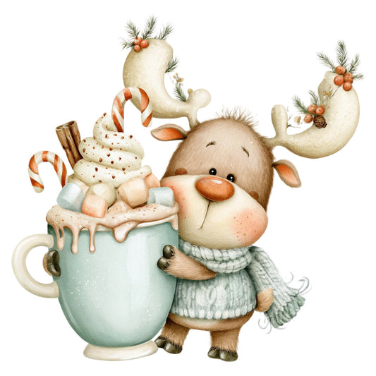 reindeer, christmas, holiday, winter, festive, whimsical, cute animals, hot chocolate, cocoa mug, candy canes, peppermint, cream, sage green, mint green, tan, brown, rust orange, cozy, warm, seasonal, children's, baby, sweet treats, dessert, snowy, magical, playful, nostalgic, vintage style