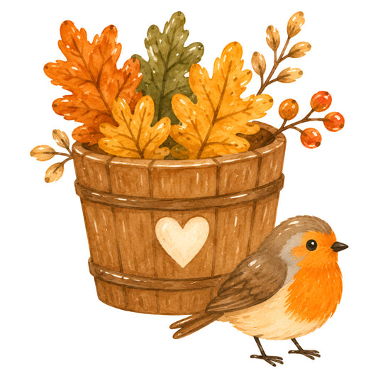 autumn leaves, fall foliage, orange, golden yellow, warm brown, cream, burnt orange, rustic, farmhouse, woodland, nature, bird, robin, heart, berries, seasonal, autumn, fall, cozy, traditional, whimsical, harvest, thanksgiving, wooden basket, cottage core, country style, decorative panel, wall art, autumn decoration