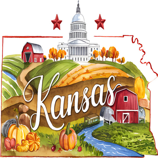 Classic US States Fabric Panel 33 featuring Kansas landscape with barns, pumpkins, river, and state capitol in premium quilting cotton print.