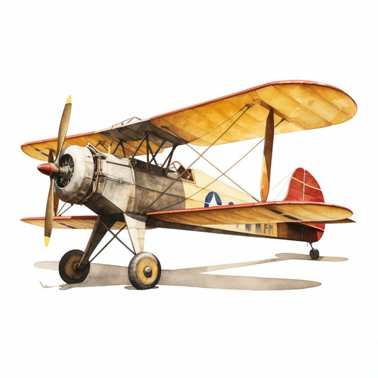 vintage airplane, biplane, retro aircraft, cream, tan, golden yellow, red, navy blue, brown, steampunk, aviation, travel, transportation, vintage transport, antique plane, propeller, whimsical, nostalgic, vintage style, rustic, adventure, sky, flight, historical, 1920s, 1930s, mechanical, industrial, male interest, decorative panel