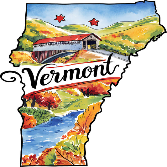 Classic US States Fabric Panel 25 featuring Vermont with colorful autumn landscape and covered bridge, printed on premium quilting cotton.
