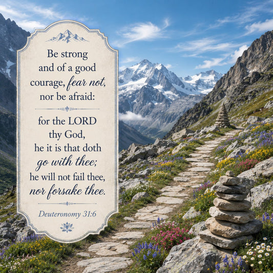 mountain landscape, inspirational quote, religious faith, scripture verse, stone pathway, wildflowers, alpine scenery, snow-capped peaks, blue sky, purple flowers, yellow flowers, white flowers, pastoral, nature themed, spiritual, motivational, traditional style, elegant, rustic charm, hiking trail, stone cairn, devotional, bible verse, peaceful, serene landscape, soft colors, cream background, sky blue, classic typography