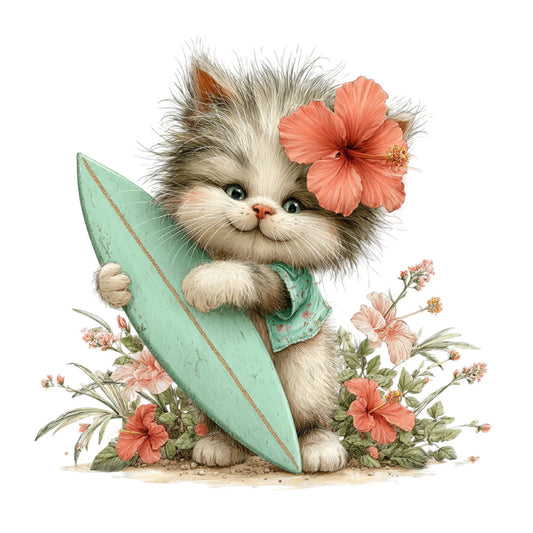 cute kitten, fluffy cat, coral pink flowers, mint green, turquoise, hibiscus, floral, whimsical, playful, adorable animals, surfboard, beach theme, tropical, spring, summer, pastel colors, children's fabric, baby quilt, nursery, girl's quilt, sweet, feminine, vintage illustration, storybook style, nature, botanical, blossoms, peach flowers, illustrated animals, charming