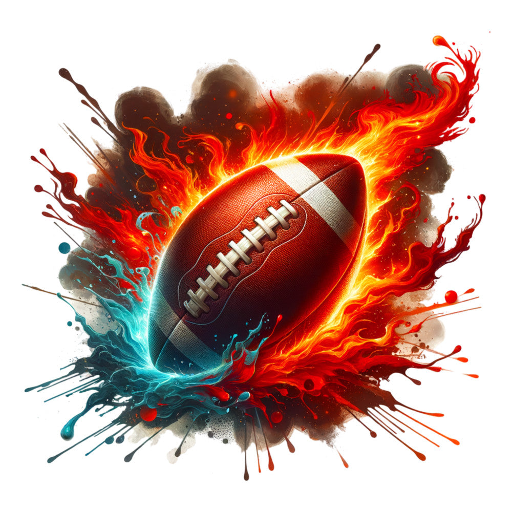 watercolor football, red flames, orange fire, blue splashes, teal water, brown leather, white laces, sports theme, explosive design, dynamic motion, fabric panel, quilting cotton, athletic imagery, energetic style, splatter effects, fiery colors, water elements, football design, vibrant artwork, sports fabric