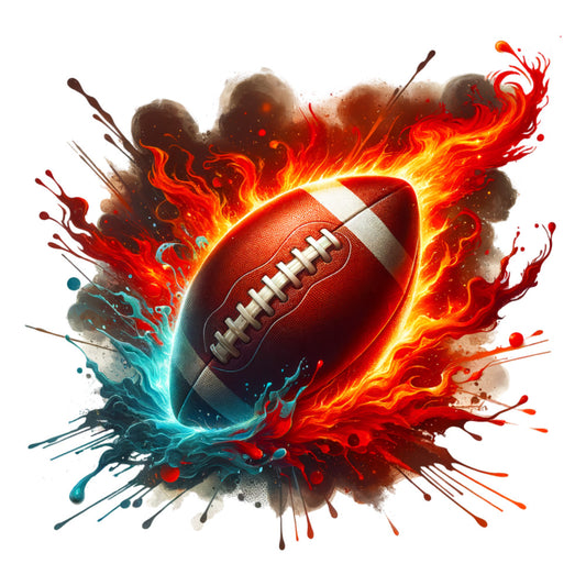 watercolor football, red flames, orange fire, blue splashes, teal water, brown leather, white laces, sports theme, explosive design, dynamic motion, fabric panel, quilting cotton, athletic imagery, energetic style, splatter effects, fiery colors, water elements, football design, vibrant artwork, sports fabric