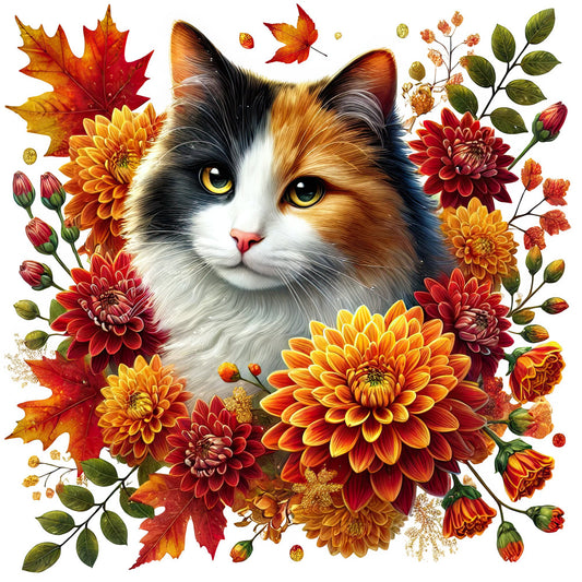 autumn cat, fall florals, calico cat, tabby cat, orange dahlias, red dahlias, golden yellow flowers, burnt orange, deep red, cream white, forest green, autumn leaves, maple leaves, botanical, nature themed, whimsical, elegant, cat lover, animal portrait, fall season, autumn aesthetic, floral wreath, decorative panel, wall hanging, home decor, harvest themed, traditional style, garden flowers, pet lover, cat enthusiast