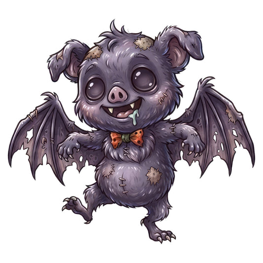 purple, gray, charcoal, orange, bat, monster, halloween, spooky, creepy, cute, whimsical, gothic, dark, stitched, bow tie, wings, fangs, drool, patches, zombie, undead, horror, playful, mischievous, autumn, october, festive, novelty, character, creature
