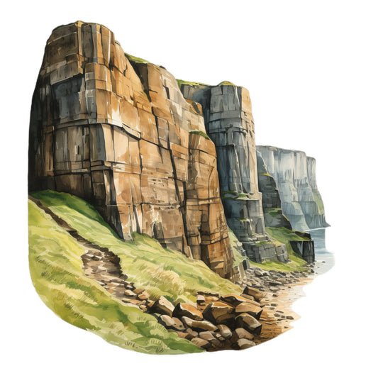 cliff faces, coastal landscape, stone formations, natural scenery, landscape art, grassy slopes, earth tones, tan, brown, sage green, charcoal gray, blue-gray, realistic illustration, nature art, scenic vista, seascape, geological formations, rustic style, traditional art, landscape painting, outdoor adventure, hiking, nature lover, wall hanging, art panel, coastal themed, rock formations, seaside cliffs, pastoral scene, green hillside