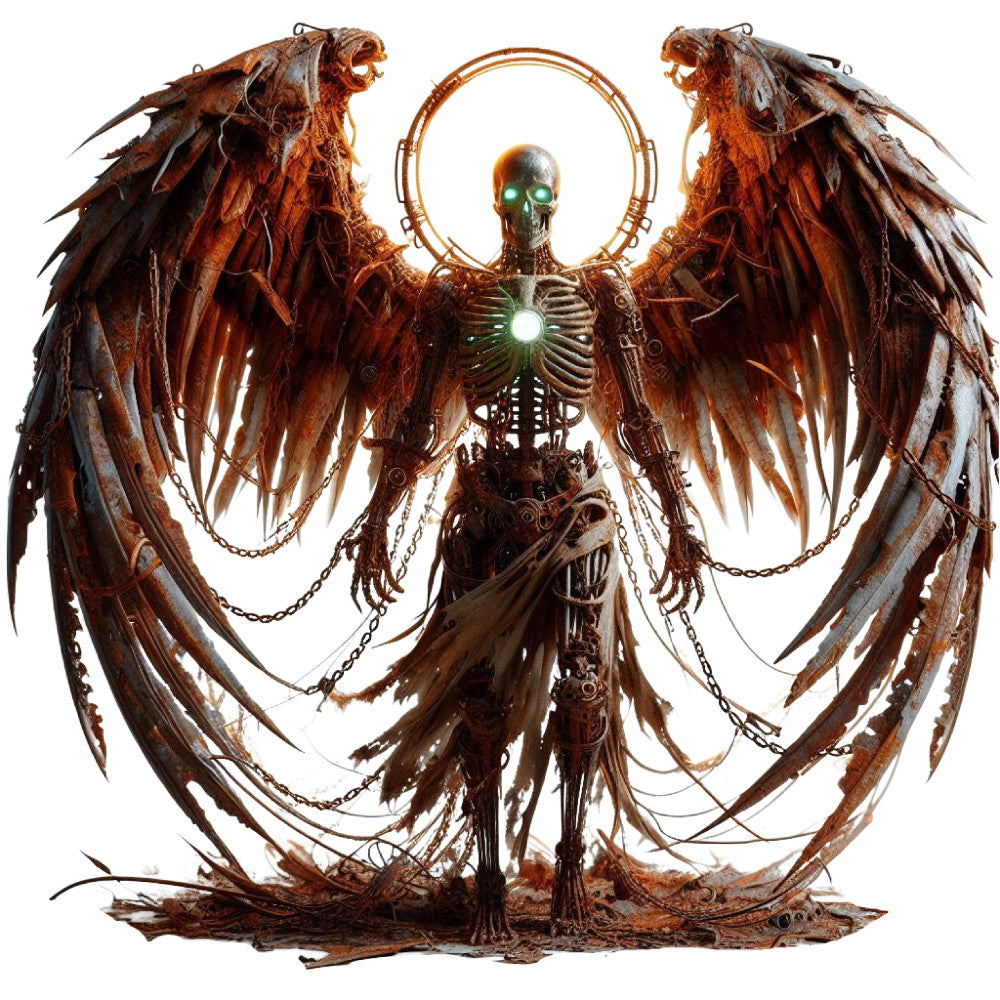 steampunk, skeleton, wings, gothic, dark fantasy, mechanical, rust, bronze, copper, brown, orange, green glow, skull, angel, demon, fantasy art, ornate, chains, industrial, supernatural, horror, dark academia, mystical, ethereal, grunge, distressed, textured, goth, spooky