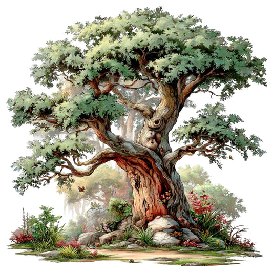 ancient tree, forest green, sage green, cream, brown, earthy tones, nature, botanical, woodland, tree of life, large scale, whimsical, fantasy, magical, rustic, elegant, timeless, landscape, scenic, birds, wildflowers, red flowers, flowering plants, garden, heritage, vintage botanical, artistic, illustration style, wall hanging, nature lover