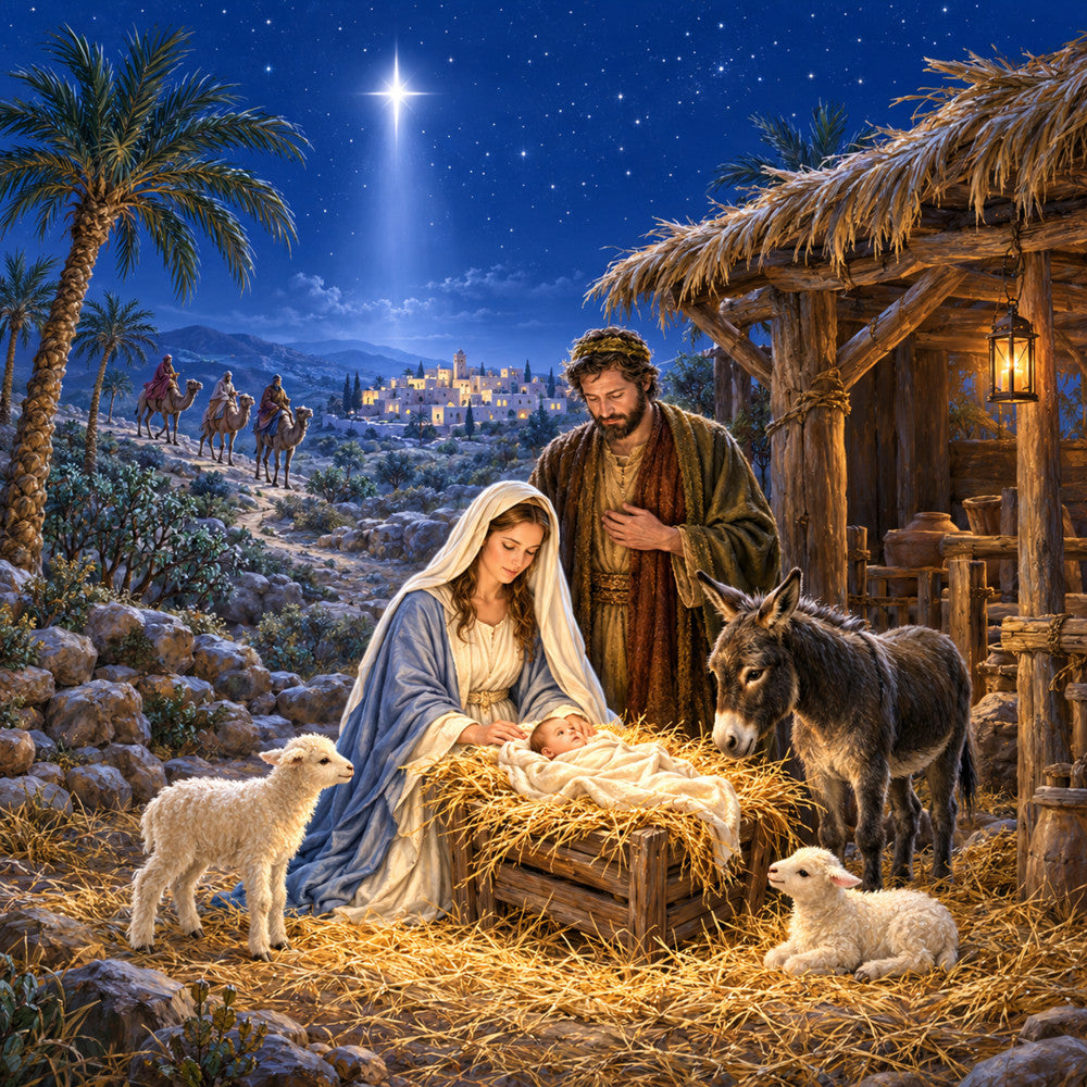 nativity scene, christmas, religious, spiritual, holy night, star of bethlehem, baby jesus, mary and joseph, manger, animals, donkey, sheep, lambs, palm trees, desert landscape, middle eastern, stable, lantern light, gold, cream, blue, deep blue, night sky, stars, celestial, traditional, classic, holiday, winter, religious themed