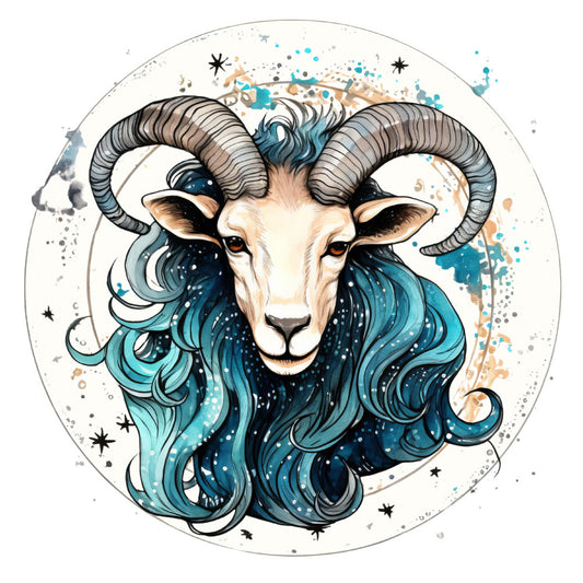 capricorn, zodiac, goat, teal blue, navy blue, cream, tan, beige, gold, celestial, stars, whimsical, bohemian, modern, watercolor, splatter, abstract, mystical, cosmic, animal portrait, horns, curled horns, spiritual, astrology, night sky, constellation, turquoise, burnt orange, decorative panel, wall art