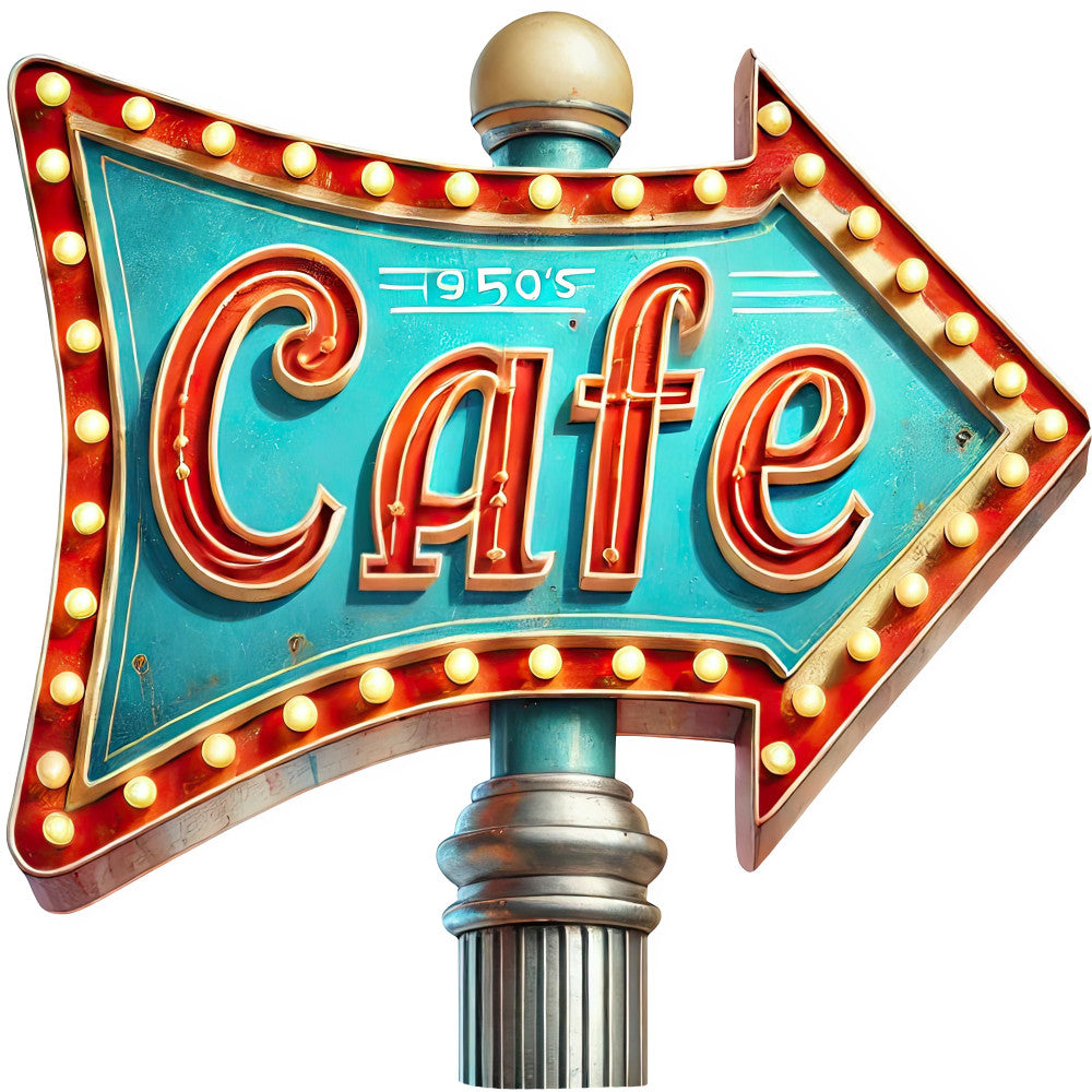 turquoise, red, gold, neon, vintage, retro, 1950s, mid-century, neon sign, cafe, diner, nostalgia, americana, kitsch, arrow, marquee lights, bulb lights, bold lettering, art deco, whimsical, playful, fun, colorful, decorative, wall art, home decor, novelty, pop art, classic americana