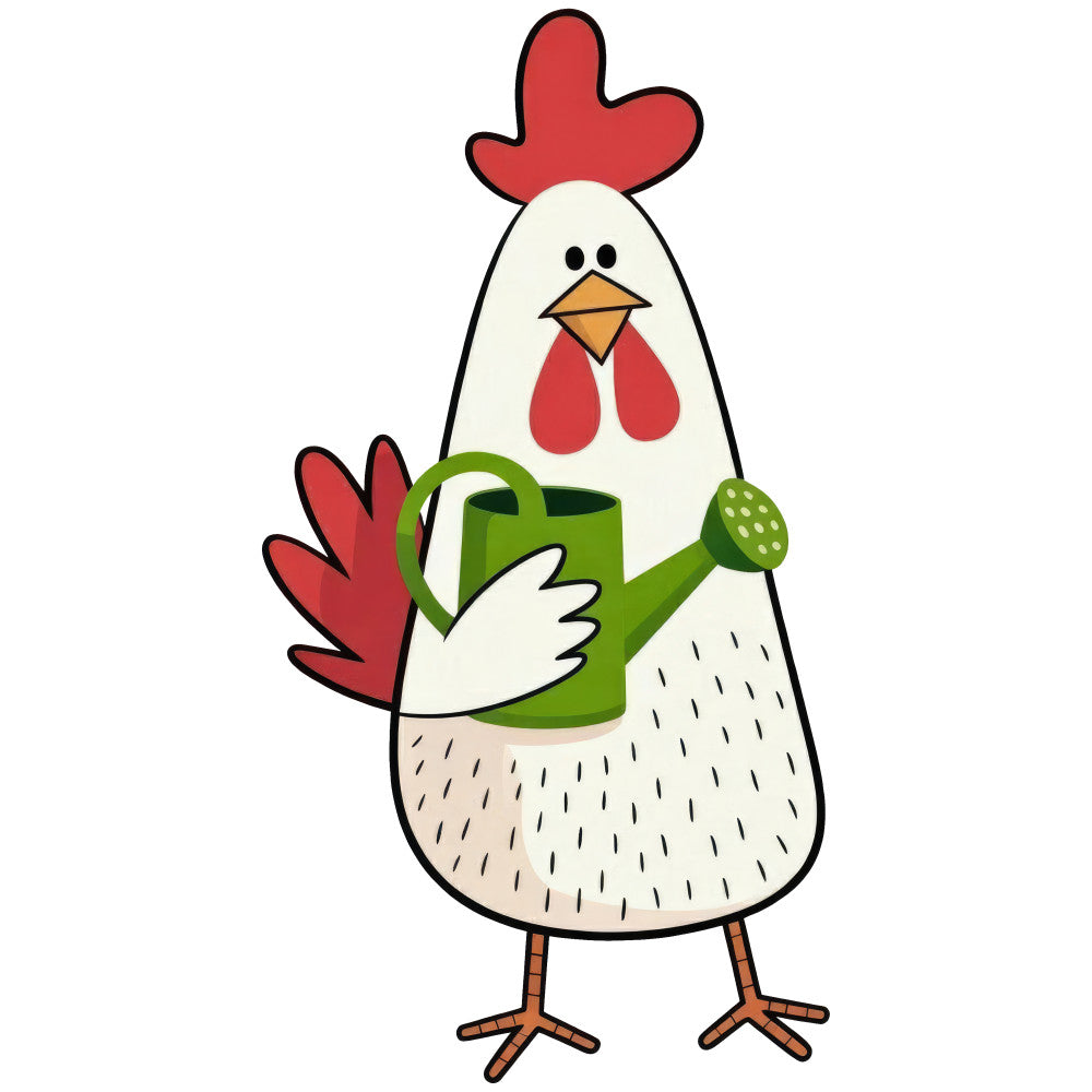 chicken, rooster, farmhouse, farm animals, cottage core, whimsical, garden, watering can, spring, summer, cream, ivory, red, coral red, grass green, olive green, tan, brown, cute animals, country, rustic, playful, children's, kids, nature, gardening, pastoral, folk art, traditional, vintage inspired