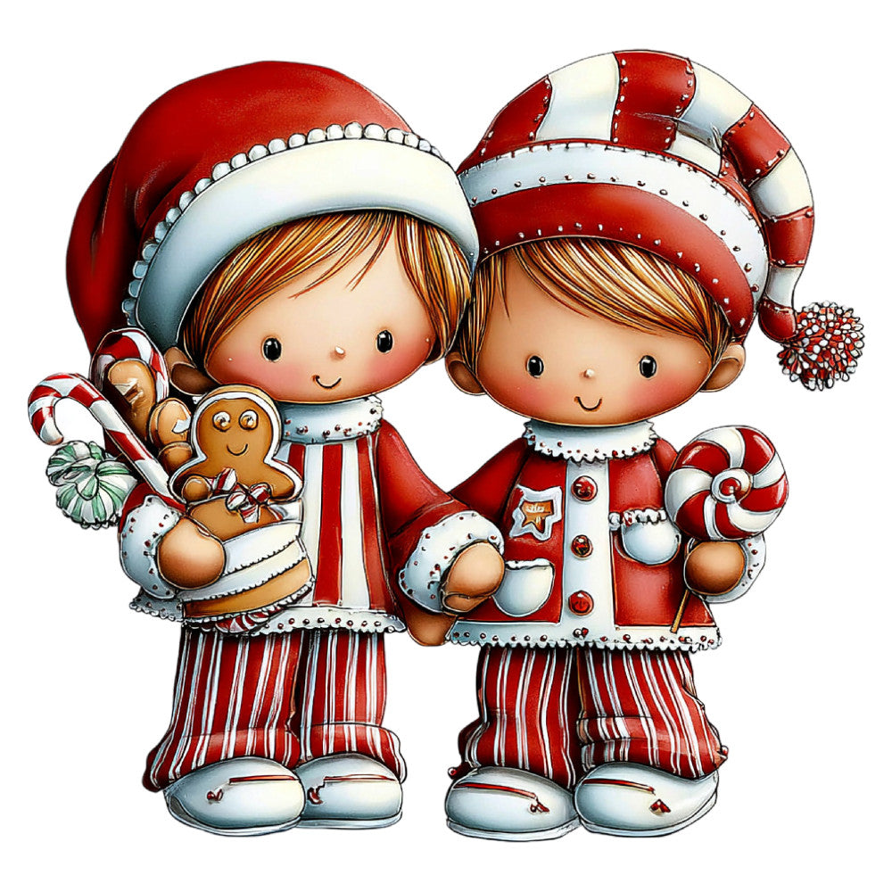 christmas, holiday, red and white, candy cane, gingerbread, festive, whimsical, cute, children, vintage, retro, candy, peppermint, striped, pajamas, santa hat, winter, whimsical illustration, panel, sweet, treats, nostalgic, traditional christmas, cream, gold accents, children's, storybook, decorative