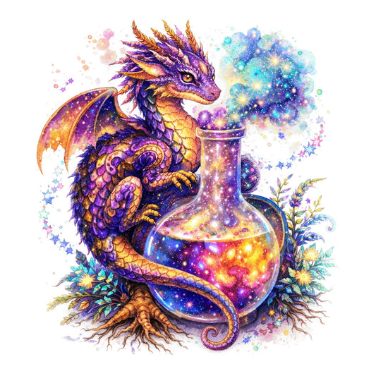 purple dragon, gold scales, celestial, magical potion, fantasy, whimsical, cosmic, starry, galaxy, mystical, enchanted, deep purple, golden yellow, turquoise blue, iridescent, sparkly, glittery, nature elements, botanical, flowers, roots, ethereal, dreamy, bohemian, magical creatures, alchemy, glowing potion bottle, stars and moons, watercolor effect, vibrant colors