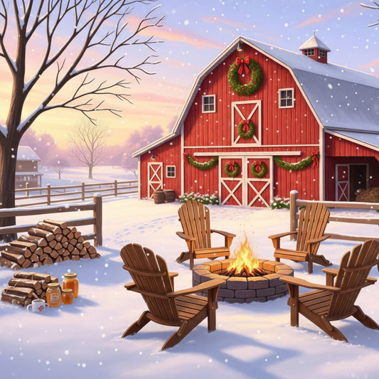 red barn, winter scene, snowy landscape, christmas holiday, festive, farmhouse style, rustic, country, cabin, wreath, holiday decorations, adirondack chairs, fireplace, cozy, warm, pastoral, rural, traditional, seasonal, winter snow, red and white, cream, barn doors, garland, festive gathering, vintage americana, nostalgic, peaceful, tranquil