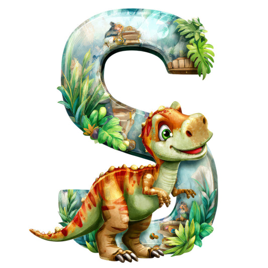 dinosaur, letter s, green, orange, tropical plants, jungle foliage, treasure chest, adventure theme, children's fabric, quilting panel, cotton fabric, prehistoric, cartoon style, bright colors, educational alphabet, kids decor, playful design, nature elements, fabric block, dinosaur theme