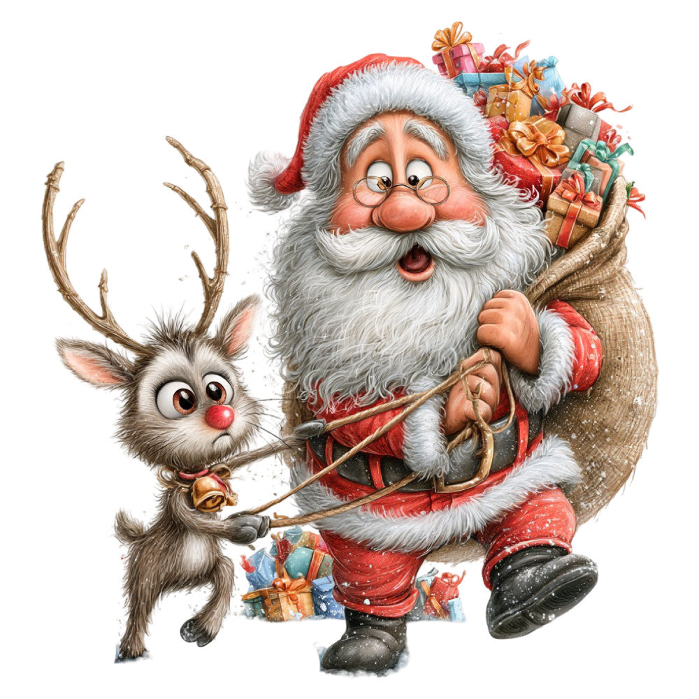 santa, christmas, holiday, reindeer, festive, red, white, cream, gold, brown, tan, whimsical, jolly, vintage, traditional, gift boxes, presents, decorative, seasonal, winter, cheerful, nostalgic, retro, illustrated, character, children's, family-friendly, festive scene, magical, nostalgic christmas
