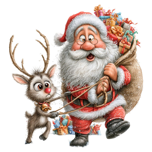 santa, christmas, holiday, reindeer, festive, red, white, cream, gold, brown, tan, whimsical, jolly, vintage, traditional, gift boxes, presents, decorative, seasonal, winter, cheerful, nostalgic, retro, illustrated, character, children's, family-friendly, festive scene, magical, nostalgic christmas