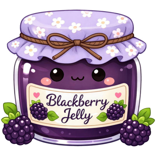 purple, lavender, deep purple, white, cream, coral pink, green, cute, whimsical, food themed, fruit, blackberry, jelly jar, floral, daisy, flowers, folk art, cottage core, kitchen, novelty, playful, cheerful, springtime, summer, kawaii, jar with bow, berries, nature inspired, children's, cheerful themed