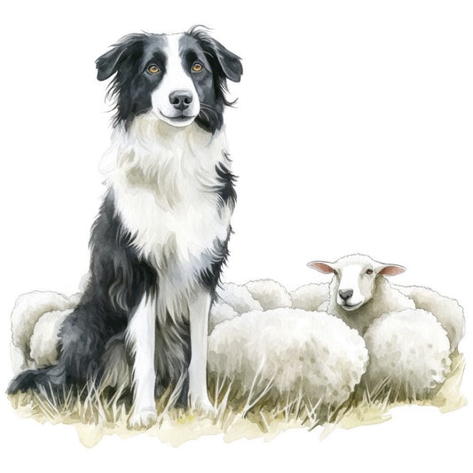 watercolor, border collie, black and white dog, sheep, pastoral scene, farm animals, herding dog, soft colors, cream white, charcoal gray, amber eyes, fluffy wool, grass field, fabric panel, quilting cotton, gentle artwork, countryside, livestock, working dog, nature scene