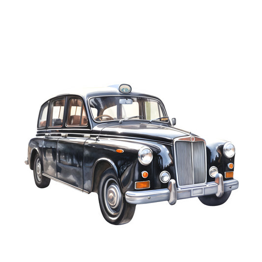 black cab, london taxi, vintage taxi, retro car, classic automobile, 1950s style, transportation, vintage vehicle, british taxi, black and orange, chrome accents, nostalgic, vintage transportation, iconic taxi, collectible car, decorative panel, novelty print, whimsical, retro transportation, mid-century modern, urban theme, city life, british themed, heritage design, traditional style, timeless design, conversation print