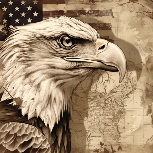 eagle, american flag, patriotic, bald eagle, sepia tone, cream, beige, tan, brown, vintage, map, antique, wildlife, birds, americana, rustic, traditional, elegant, detailed illustration, home decor, wall hanging, heritage, history, nature, majestic, distinguished, nostalgic, old world, neutral palette