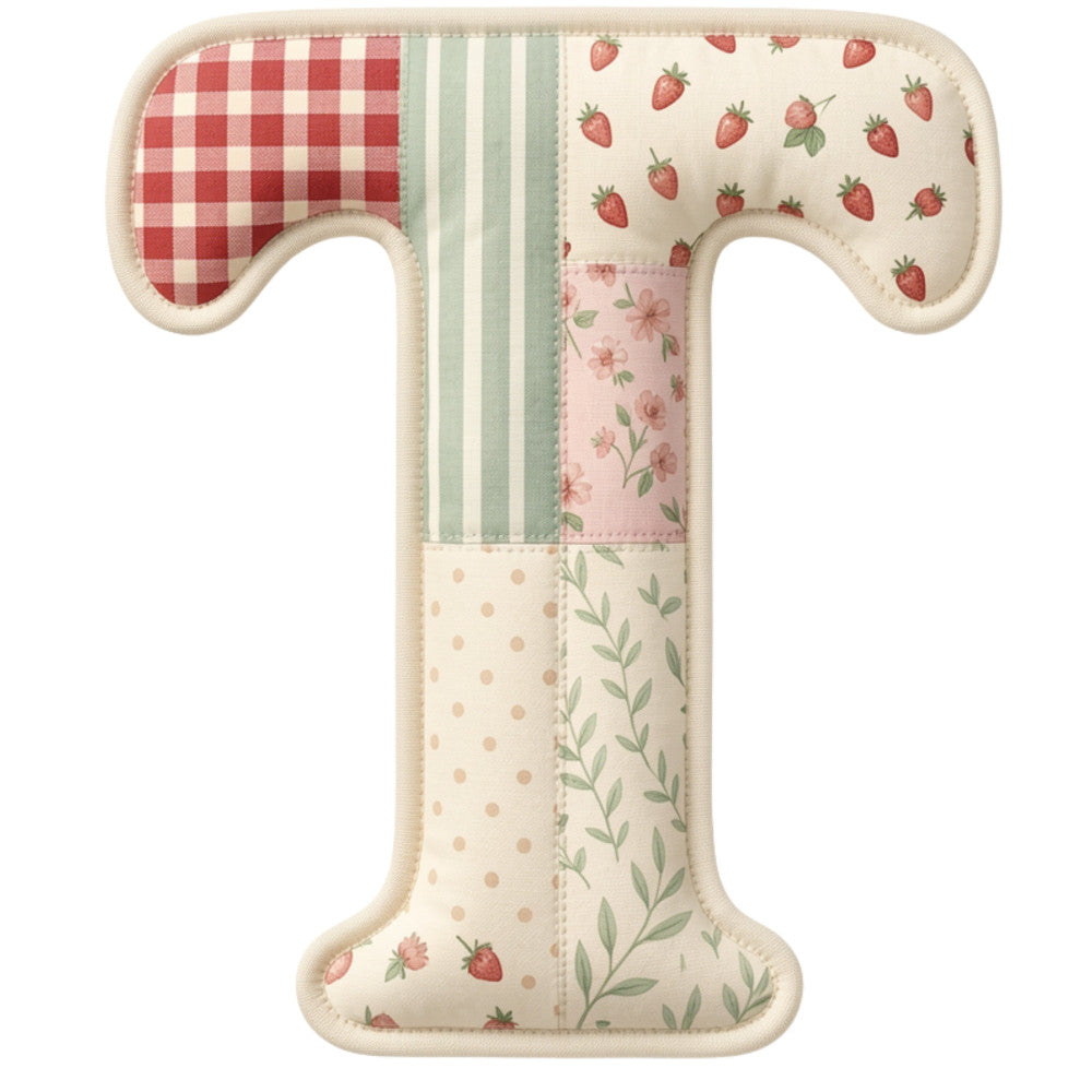 strawberry print, red gingham, green stripes, floral pattern, pink flowers, cottage core, farmhouse style, vintage inspired, spring theme, summer theme, garden motif, leaf print, polka dots, patchwork design, shabby chic, country style, traditional quilting, botanical elements, berries, nature themed, cream background, soft colors, pastel palette, rustic charm, whimsical design, letter shape, appliqué style, heritage print, folk art inspired, retro style