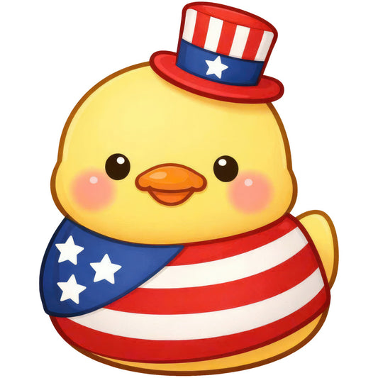 patriotic, american flag, red white blue, cute chick, baby chick, stars, stripes, whimsical, fourth of july, independence day, patriotic animals, yellow, navy blue, red, spring, summer, baby animals, kawaii style, adorable, hat, top hat, smiling face, cheerful, children's, nursery, farm animals, holiday, patriotic theme, festive