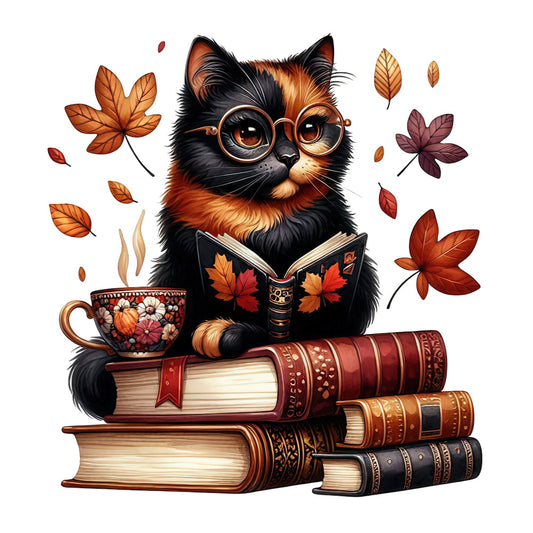 autumn cat, fall leaves, reading cat, calico cat, orange and black, rust brown, cream, burgundy, literary theme, books, teacup, cozy, whimsical, vintage, steampunk, floral teacup, maple leaves, academic, intellectual, scholarly, autumn aesthetic, fall colors, warm tones, nature themed, animal print, cat lover, seasonal decor, wall hanging, fabric panel