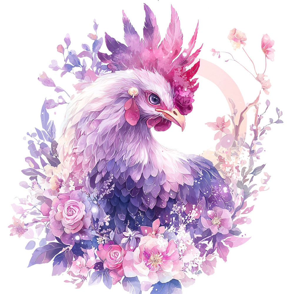 purple, pink, lavender, magenta, watercolor style, rooster, chicken, floral bouquet, roses, leaves, feathers, comb, fabric panel, quilting cotton, whimsical art, soft pastels, botanical elements, farmhouse theme, artistic illustration, decorative motifs