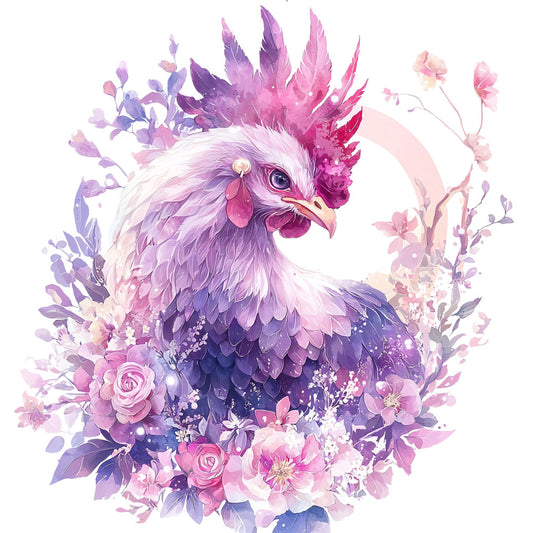 purple, pink, lavender, magenta, watercolor style, rooster, chicken, floral bouquet, roses, leaves, feathers, comb, fabric panel, quilting cotton, whimsical art, soft pastels, botanical elements, farmhouse theme, artistic illustration, decorative motifs