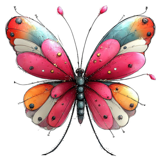 butterfly, pink, coral pink, red, orange, magenta, turquoise, blue, cream, white, insects, nature, whimsical, artistic, illustration, watercolor, detailed, ornate, spring, summer, colorful, multi-colored, decorative, elegant, botanical, fantasy, magical, children, nursery, wall art
