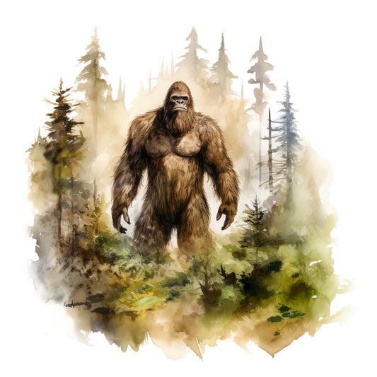 bigfoot, sasquatch, cryptid, forest, woodland, nature, wildlife, animals, mythical creatures, watercolor, misty, atmospheric, earthy tones, tan, brown, olive green, sage green, cream, beige, rustic, mysterious, folklore, legend, cryptozoology, adventure, outdoor, hiking, wilderness, whimsical, artistic