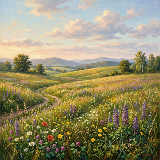 wildflower meadow, purple lupine, yellow buttercups, white daisies, rolling hills, mountain landscape, pastoral, countryside, spring, summer, nature, scenic, floral, landscape art, soft colors, lavender purple, golden yellow, sage green, sky blue, cream white, romantic, peaceful, garden, wildflowers, traditional, nature lover, landscape painting, daisy, clover, botanical