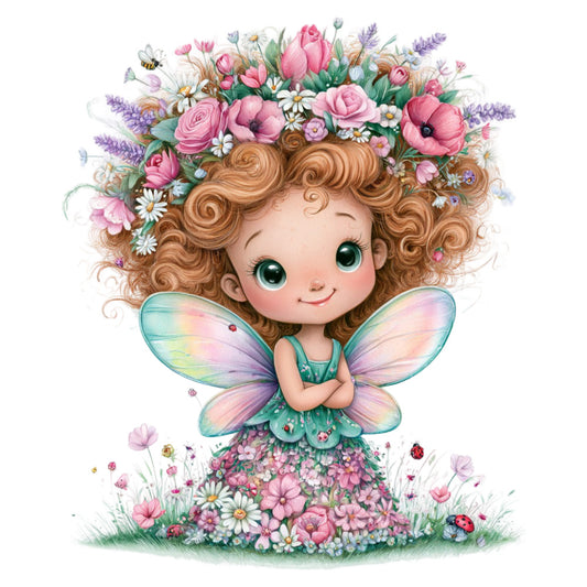 fairy wings, whimsical, pastel pink, sage green, lavender purple, iridescent wings, curly brown hair, flower crown, roses, tulips, daisies, poppies, spring flowers, garden fairy, magical, fantasy, nature, woodland, children's, baby quilt, wall hanging, sweet, charming, vintage illustration style, floral dress, ladybugs, garden theme, spring, summer, enchanted