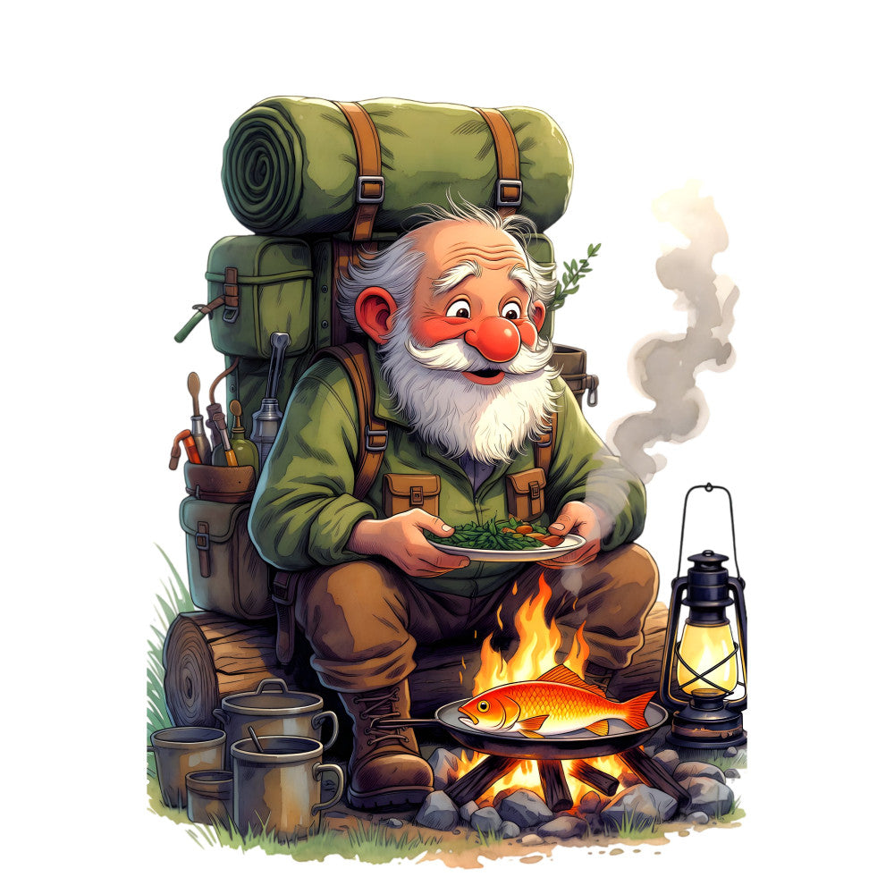 camping, outdoors, adventure, hiking, gnome, bearded man, forest green, olive green, brown, rust orange, cream, campfire, fishing, nature, rustic, whimsical, vintage, folk art, cabin, wilderness, backpack, lantern, cottagecore, outdoor cooking, cozy, charming, character panel, storybook, illustration style