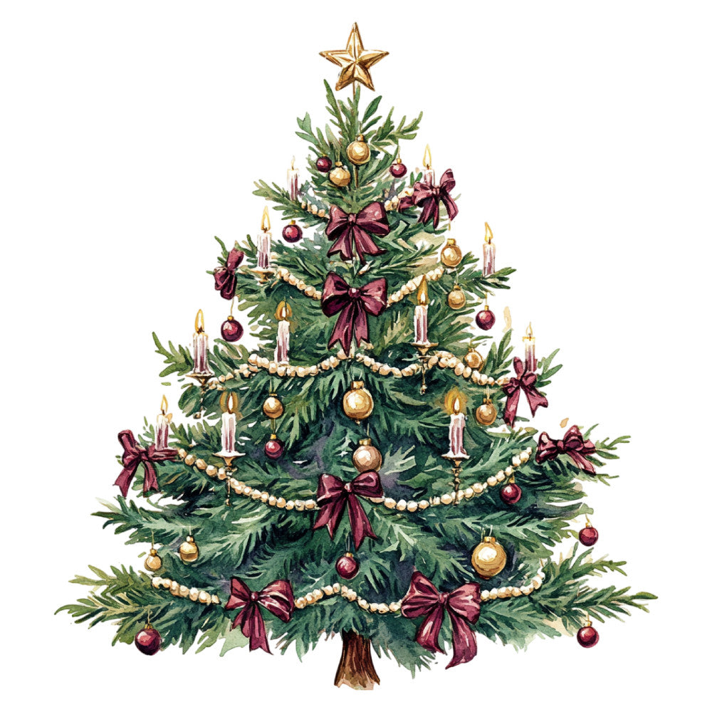 christmas tree, holiday, festive, burgundy, deep red, forest green, gold, cream, vintage, traditional, elegant, candles, ornaments, bows, pearls, beads, garland, star topper, evergreen, decorative, winter, seasonal, classic christmas, victorian, timeless, festive decor, holiday theme, red and gold, tree decoration