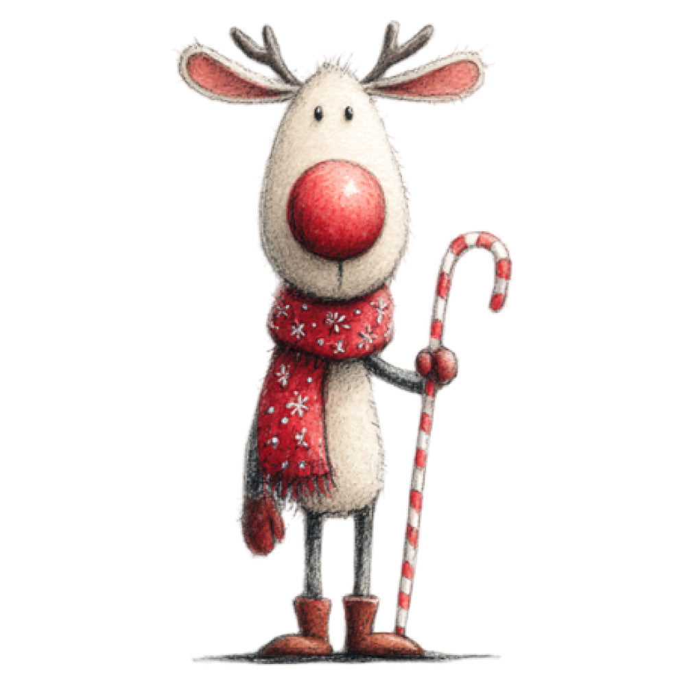 reindeer, rudolph, red nose, christmas, holiday, festive, whimsical, cute animals, winter, candy cane, red scarf, antlers, cream, ivory, red, candy stripe, children's, nursery, playful, cheerful, decorative panel, christmas fabric, animal character, folk art style, vintage holiday, seasonal, gift giving, festive cheer