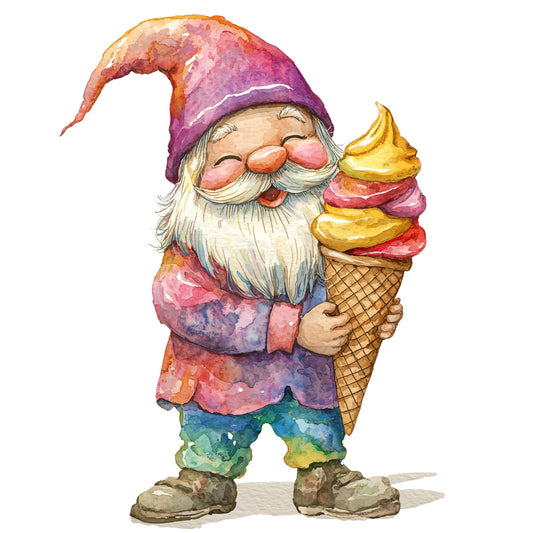 gnome, whimsical, ice cream cone, fantasy, colorful, purple, pink, coral, golden yellow, rainbow, watercolor, painted, cheerful, playful, holiday, christmas, winter, cottage core, storybook, children's, magical, jolly, festive, garden gnome, sweet treat, dessert, summer, bright, vibrant, cute characters
