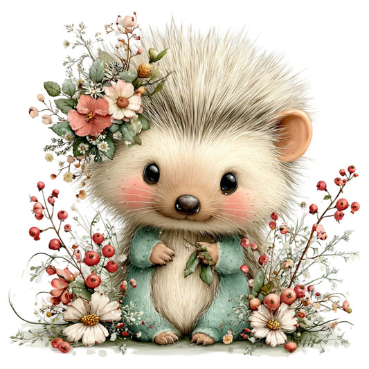 cream hedgehog, sage green, dusty rose, coral pink, floral animal, woodland creatures, nature theme, whimsical style, baby quilt, nursery decor, berries and flowers, daisies, botanical elements, spring theme, soft pastels, cute animals, children's fabric, wall hanging, gentle watercolor, forest animals, tender moments, storybook illustration, vintage botanical, nature lovers, gift fabric, illustration style, cottagecore, natural earth tones, small animal, meadow flowers