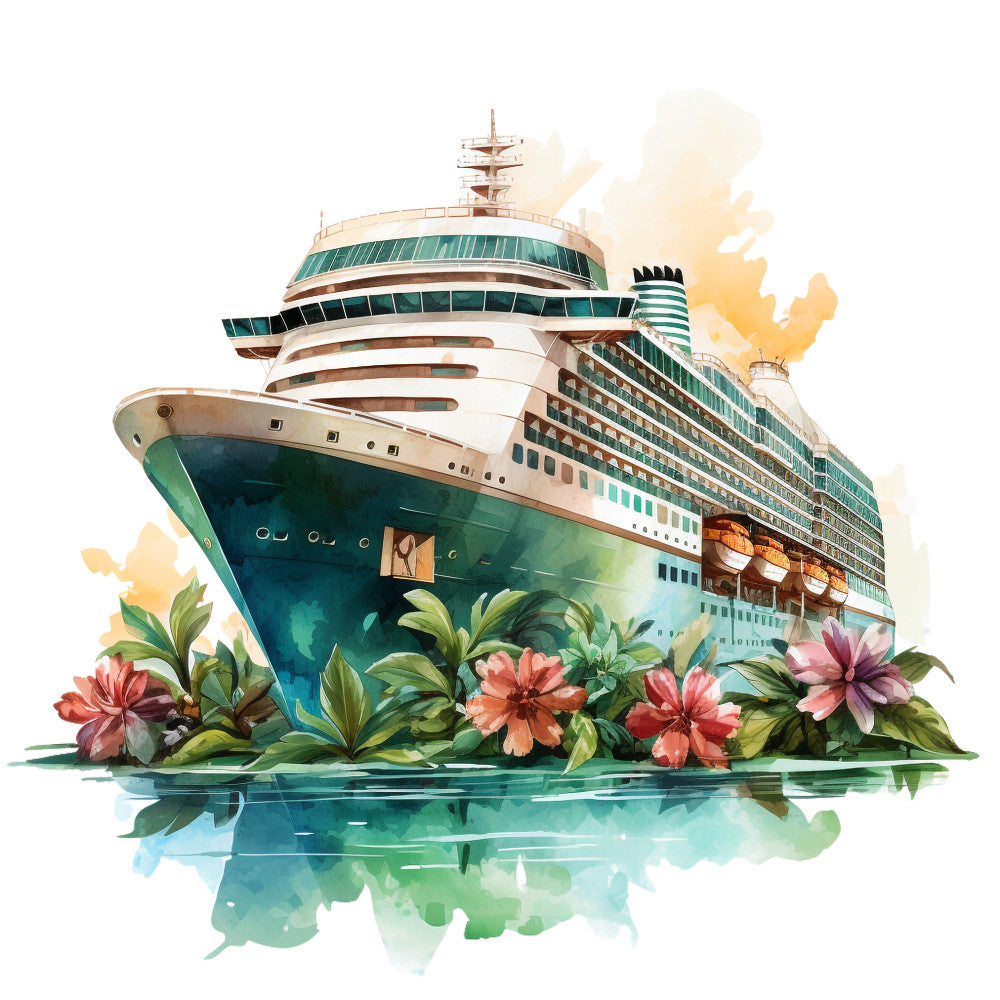 cruise ship, tropical flowers, hibiscus, watercolor style, teal, coral pink, green foliage, ocean water, fabric panel, maritime theme, vacation vibes, turquoise, sunset orange, botanical elements, travel design, nautical, tropical paradise, reflections, modern cruise liner, quilting cotton
