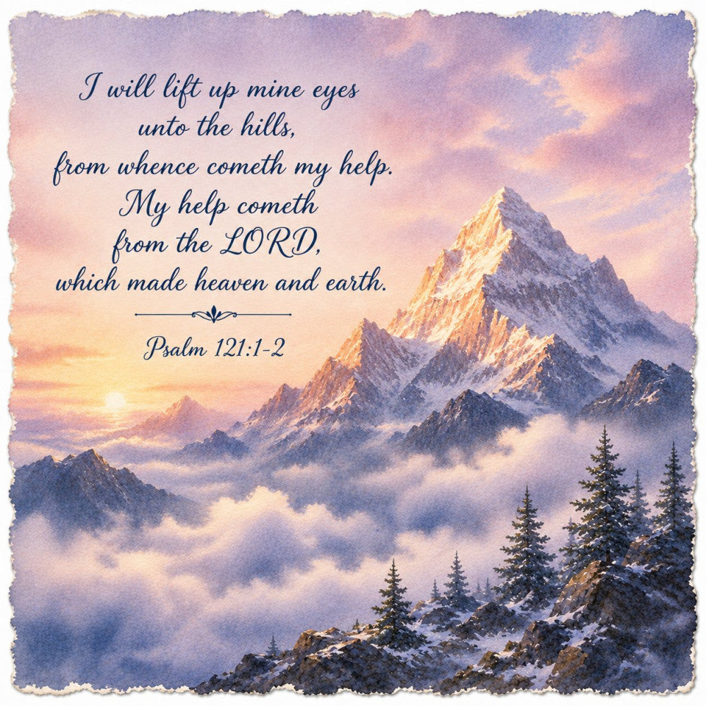 majestic mountains, snow-capped peaks, winter landscape, inspirational quote, religious scripture, psalm 121, spiritual faith, sunrise, golden light, misty clouds, evergreen trees, pine trees, scenic vista, nature landscape, lavender purple, soft pink, dusty blue, warm gold, serene, peaceful, traditional, elegant, christian, devotional, wall hanging, inspirational art, mountain scenery, winter forest, alpine landscape