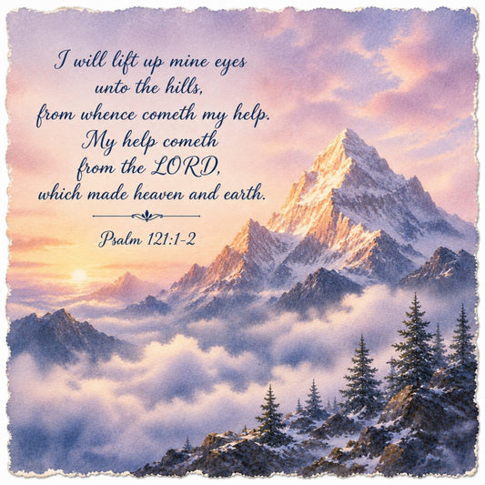 majestic mountains, snow-capped peaks, winter landscape, inspirational quote, religious scripture, psalm 121, spiritual faith, sunrise, golden light, misty clouds, evergreen trees, pine trees, scenic vista, nature landscape, lavender purple, soft pink, dusty blue, warm gold, serene, peaceful, traditional, elegant, christian, devotional, wall hanging, inspirational art, mountain scenery, winter forest, alpine landscape