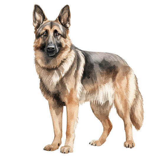 Watercolor Dogs Fabric Panel 17 featuring a detailed premium quilting cotton print of a realistic German Shepherd dog.