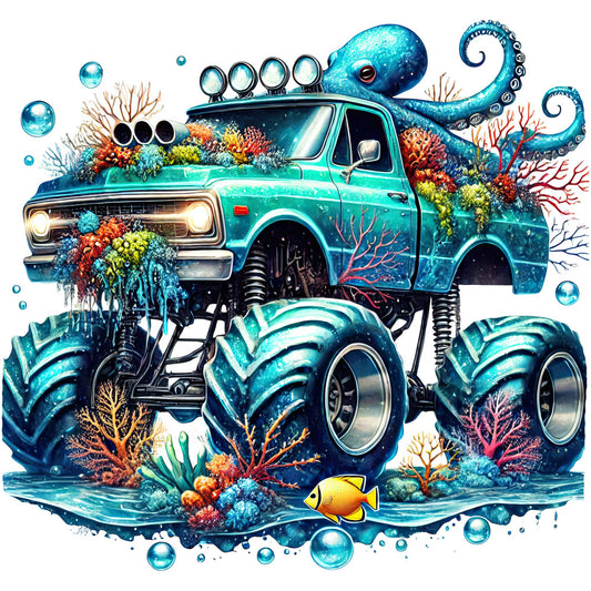 turquoise, teal, aqua blue, coral, orange, yellow, navy blue, cyan, ocean blue, whimsical, underwater, nautical, octopus, monster truck, lifted truck, vehicle, marine life, coral reef, sea creatures, fish, bubbles, surreal, fantasy, playful, colorful, nature-inspired, mixed media, steampunk, adventure, tropical