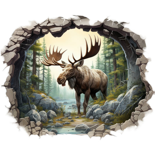 moose, wildlife, forest scene, brown, tan, gray, green, cream, breaking through, 3d effect, crack wall, realistic illustration, nature, evergreen trees, rocks, stream, antlers, wilderness, fabric panel, quilting cotton, outdoor theme