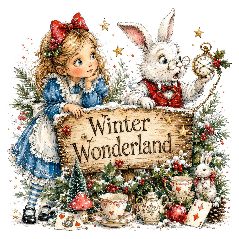 winter wonderland, christmas, holiday, fairy tale, storybook, whimsical, vintage, navy blue, cream white, red, gold, girl, rabbit, bunny, teapot, clock, pocket watch, stars, snow, evergreen, festive, elegant, nostalgic, alice in wonderland, tea party, hearts, striped stockings, bow, decorative, children's